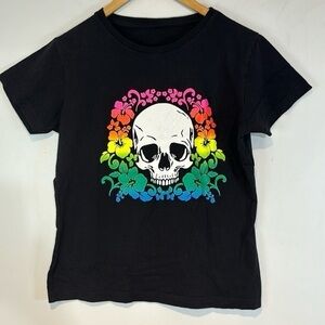 Rainbow Hawaiian skull black cotton t-shirt size small
